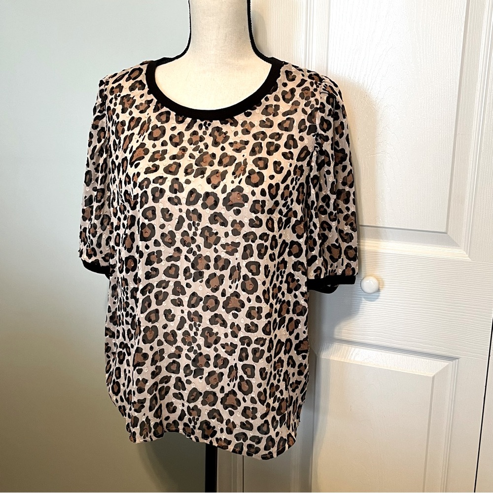 A New Day Semi Sheer Leopard Cheetah Print Women SZ Large Brown Black Top Blouse